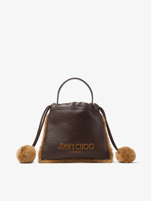 Jimmy Choo Drawstring Pouch Top Handle Chocolate and Toffee Biker Leather and Shearling Drawstring Pouch with Pom Poms