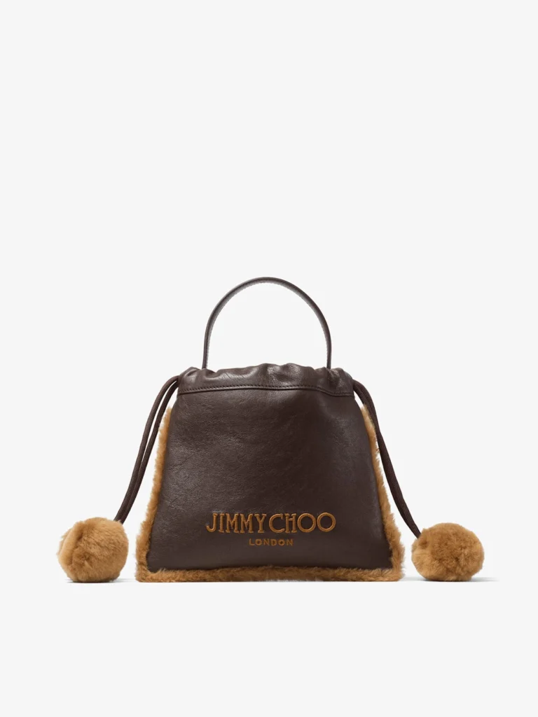 Jimmy Choo Drawstring Pouch Top Handle Chocolate and Toffee Biker Leather and Shearling Drawstring Pouch with Pom Poms