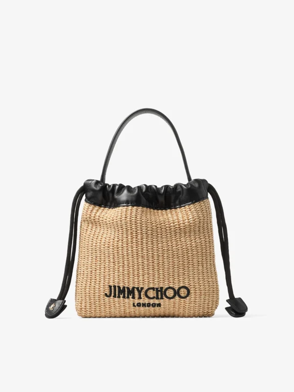 Jimmy Choo Drawstring Pouch Top Handle Natural and Black Soft Raffia Drawstring Pouch with Leather Trim