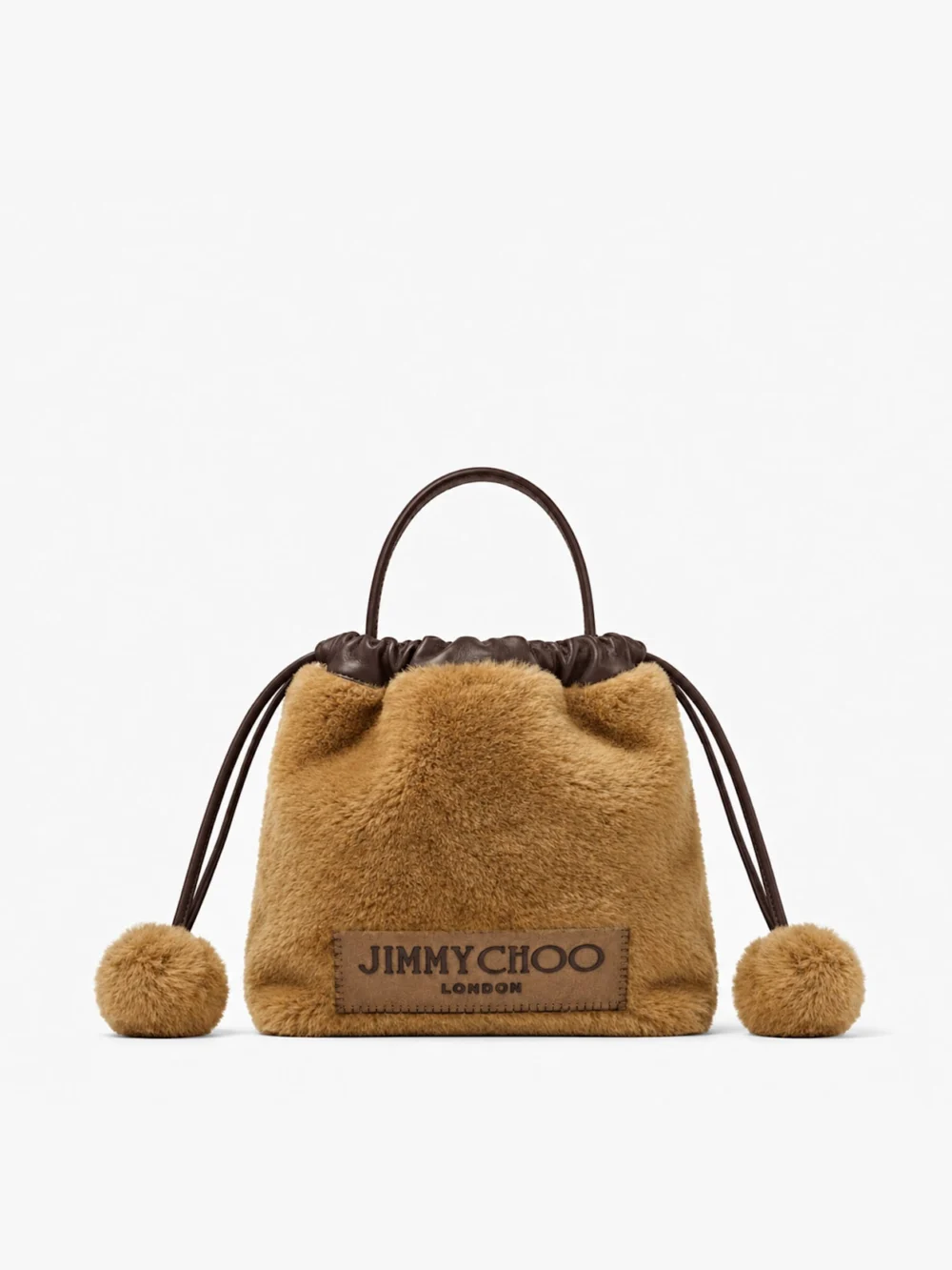 Jimmy Choo Drawstring Pouch Top Handle Teddy and Chocolate Shearling and Nappa Leather Drawstring Pouch with Pom Poms in tedd