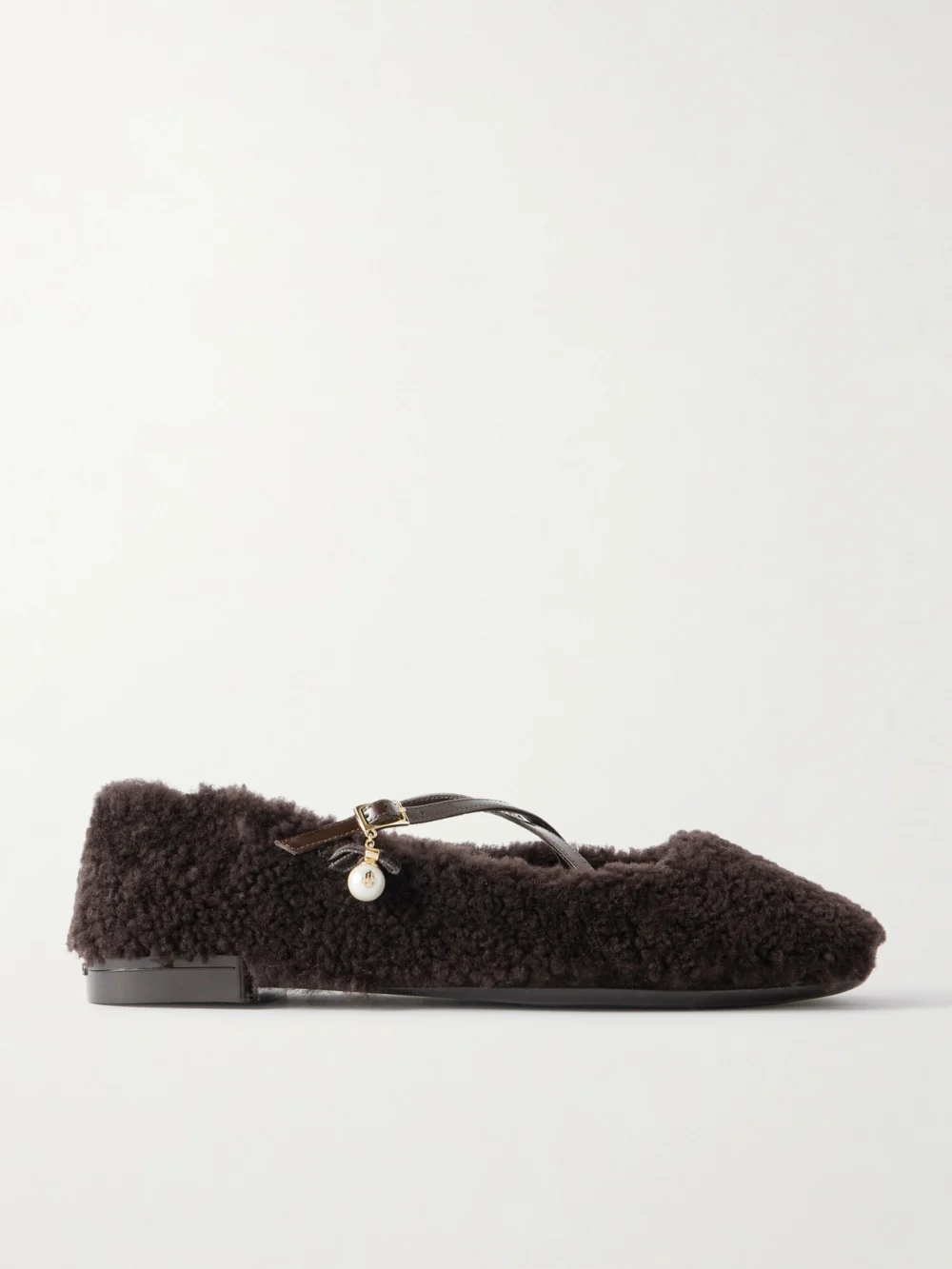 Jimmy Choo Eleri Embellished Patent Leather-trimmed Shearling Ballet Flats in chocolate