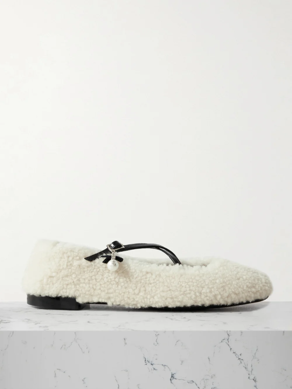 Jimmy Choo Eleri Embellished Patent Leather-trimmed Shearling Ballet Flats in cream