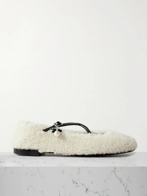 Jimmy Choo Eleri Embellished Patent Leather-trimmed Shearling Ballet Flats