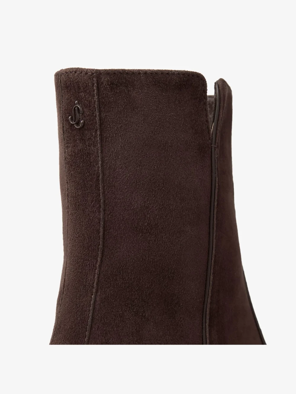 Close-up detail of the Jimmy Choo Eliot Ankle Boot 45 Chocolate Suede Ankle Boots
