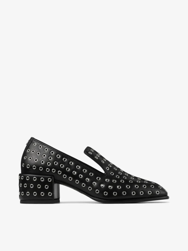 Jimmy Choo Eliot Slipper 45 Black Metallic Nappa Leather Slippers with Eyelets
