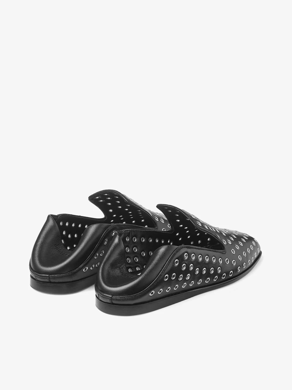 Back view of the Jimmy Choo Eliot Slipper Black Metallic Nappa Leather Slippers with Eyelets