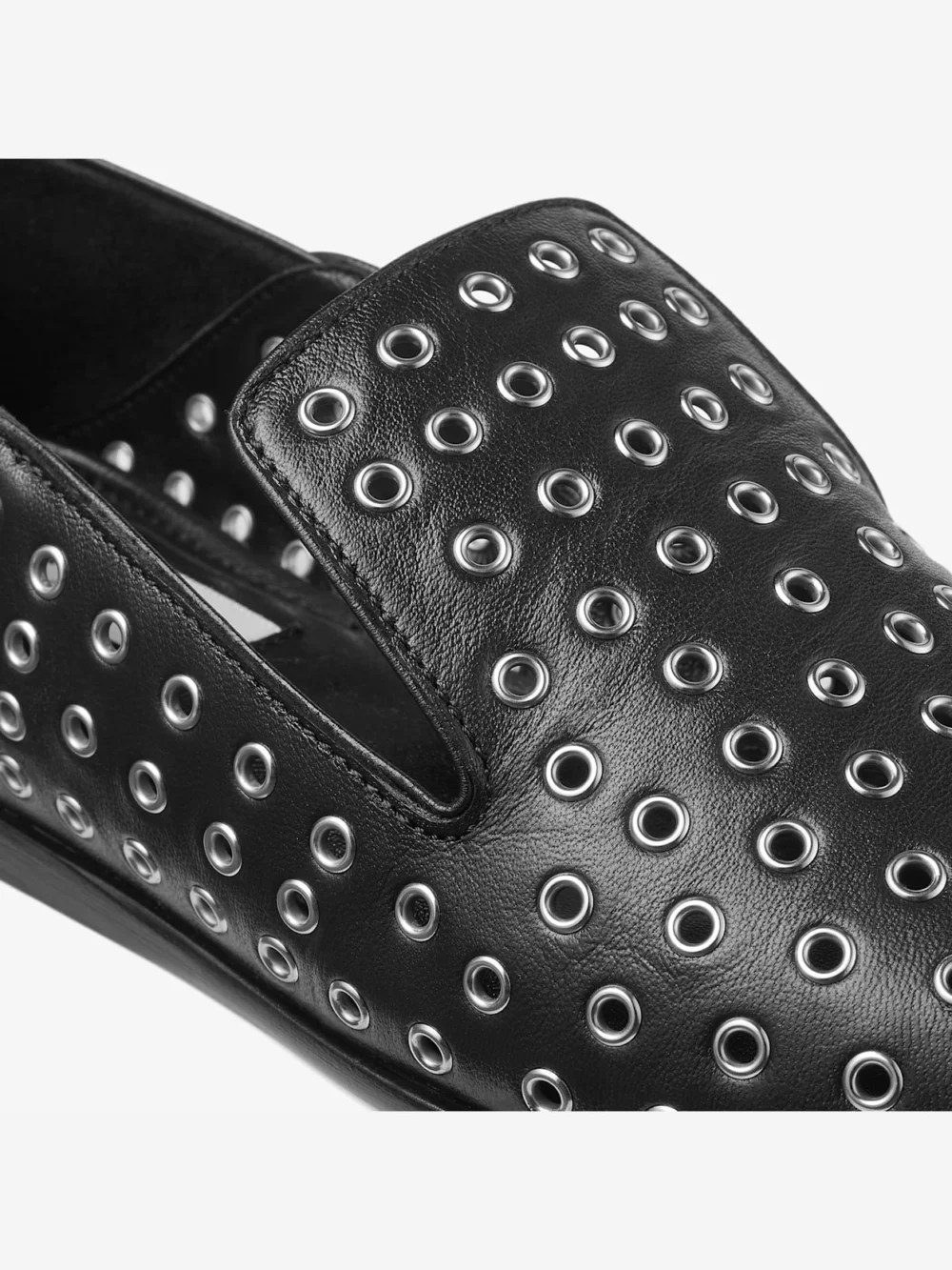 Close-up detail of the Jimmy Choo Eliot Slipper Black Metallic Nappa Leather Slippers with Eyelets