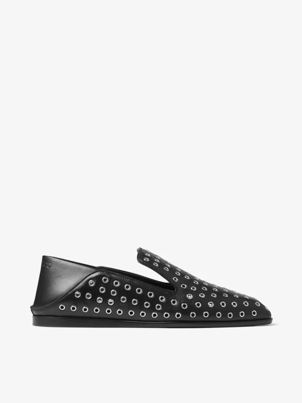 Jimmy Choo Eliot Slipper Black Metallic Nappa Leather Slippers with Eyelets