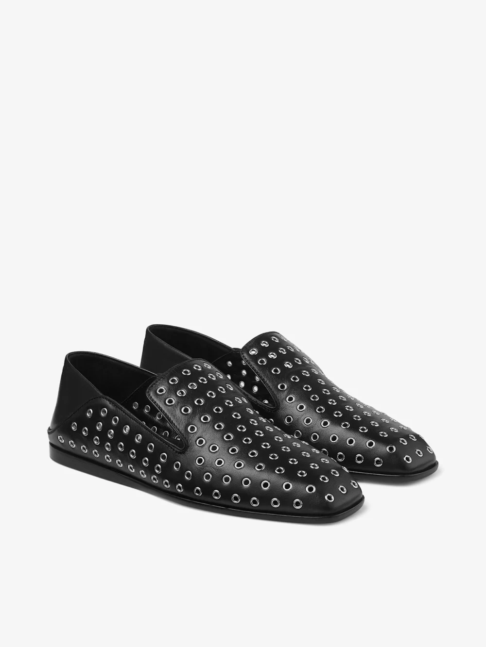 Side view of the Jimmy Choo Eliot Slipper Black Metallic Nappa Leather Slippers with Eyelets