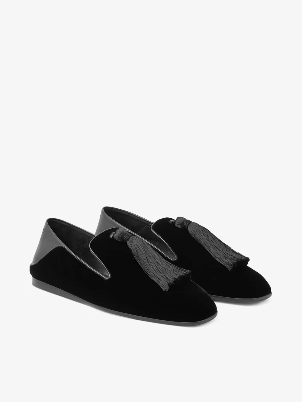 Side view of the Jimmy Choo Eliot Slipper Black Velvet Slippers with Tassel