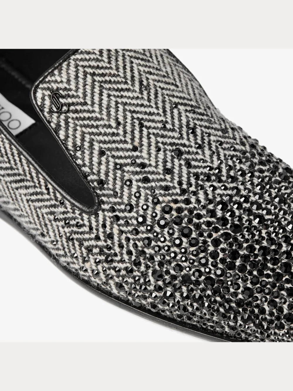 Back view of the Jimmy Choo Eliot Slipper F Grey and Black Crystal Embellished Herringbone Slippers