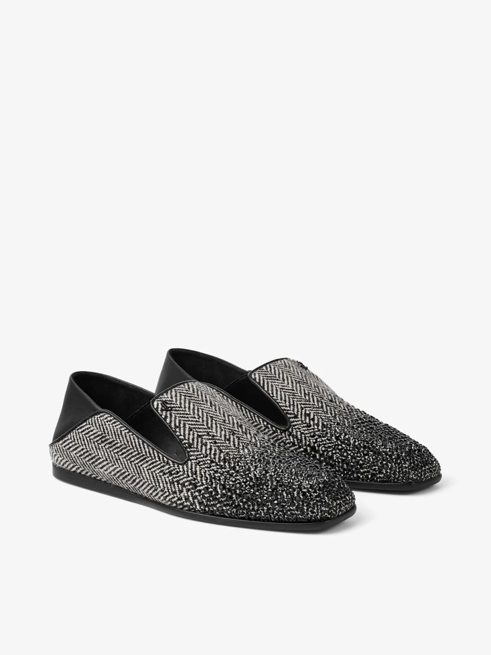 Close-up detail of the Jimmy Choo Eliot Slipper F Grey and Black Crystal Embellished Herringbone Slippers