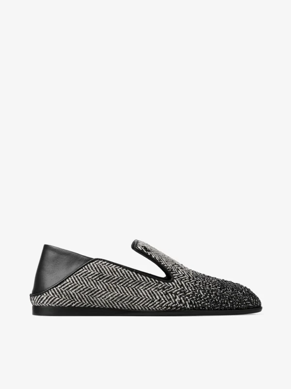 Jimmy Choo Eliot Slipper F Grey and Black Crystal Embellished Herringbone Slippers