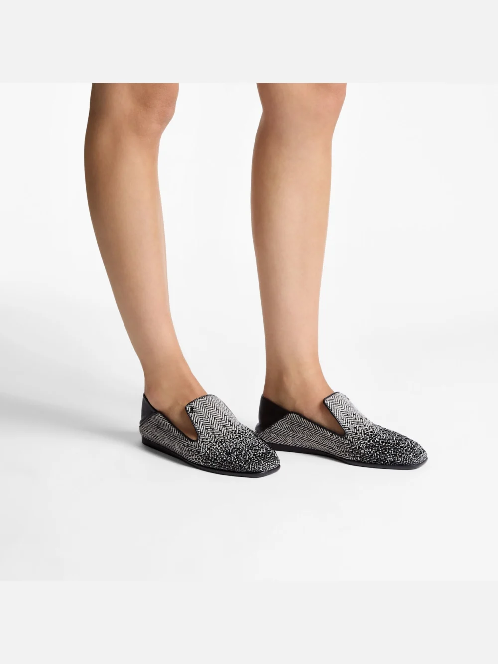 Side view of the Jimmy Choo Eliot Slipper F Grey and Black Crystal Embellished Herringbone Slippers