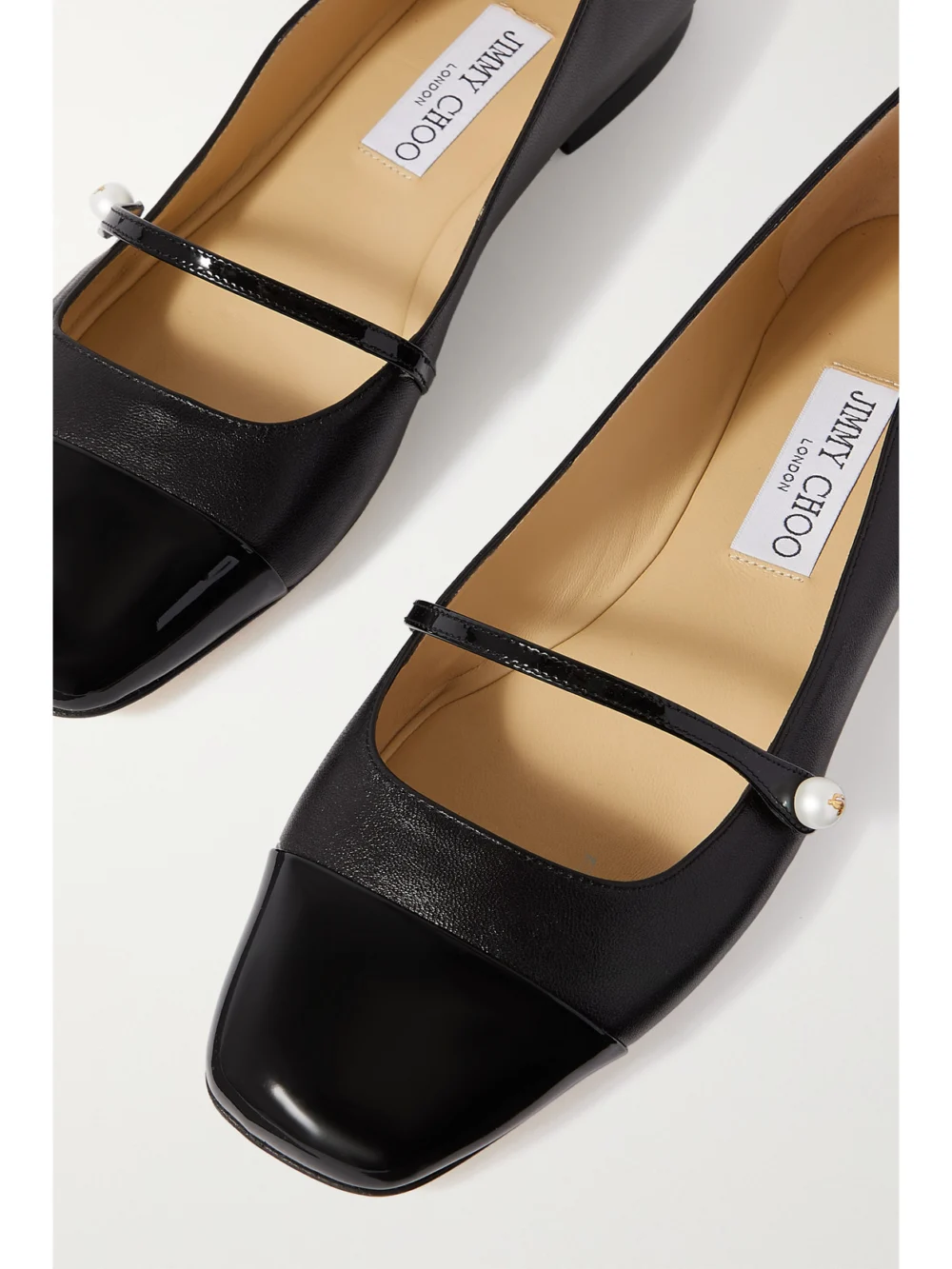 Close-up detail of the Jimmy Choo Elisa Embellished Patent-trimmed Leather Mary Jane Flats