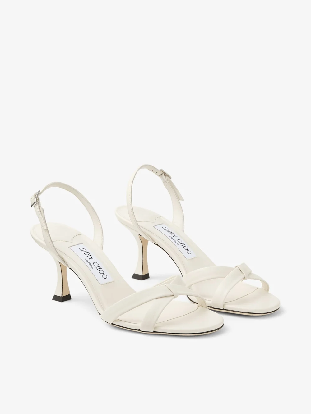 Close-up detail of the Jimmy Choo Elsy 70 Latte Nappa Leather Crossover Slingback