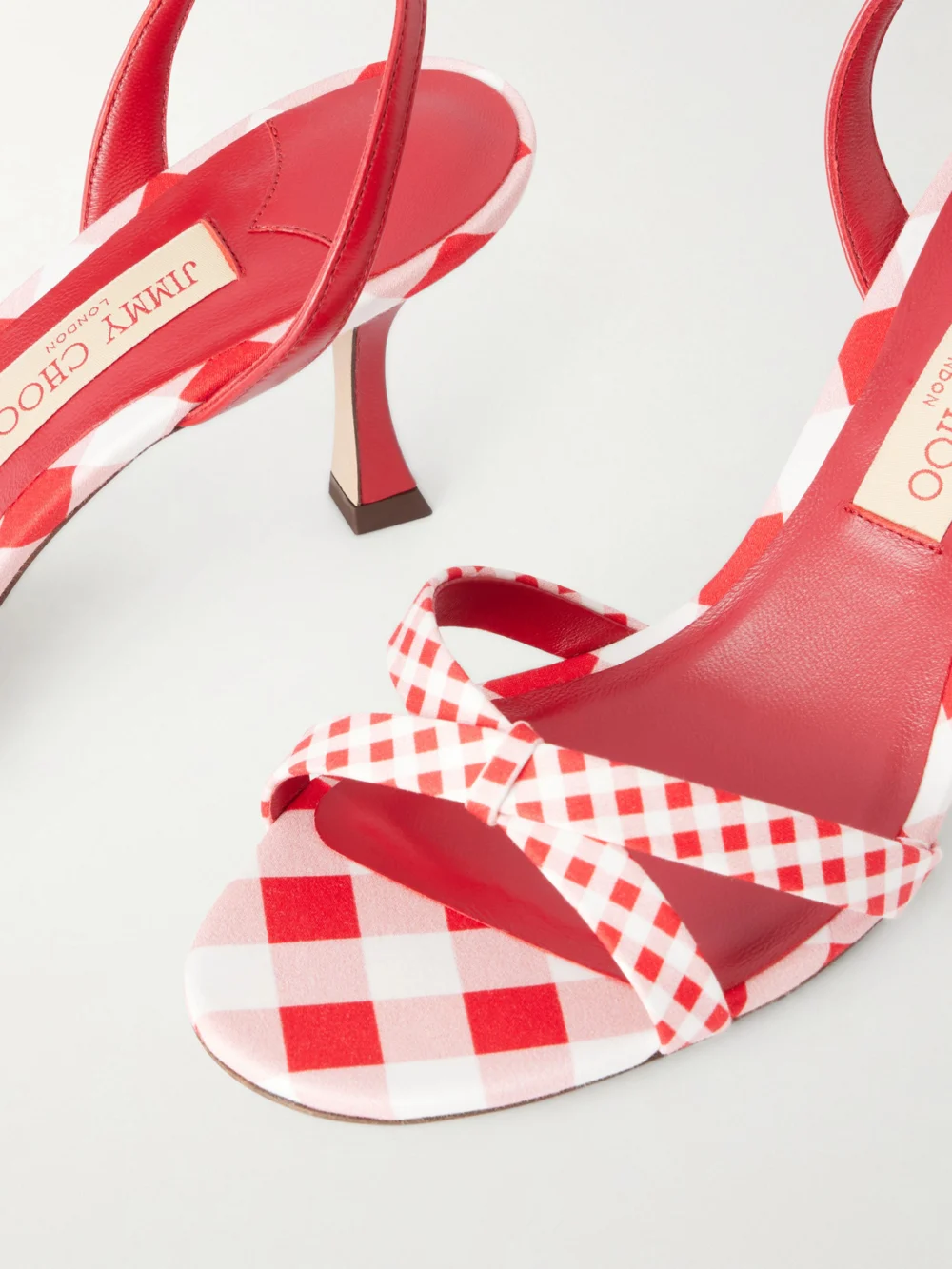 Close-up detail of the Jimmy Choo Elsy 70 Leather-trimmed Twill Slingback Sandals