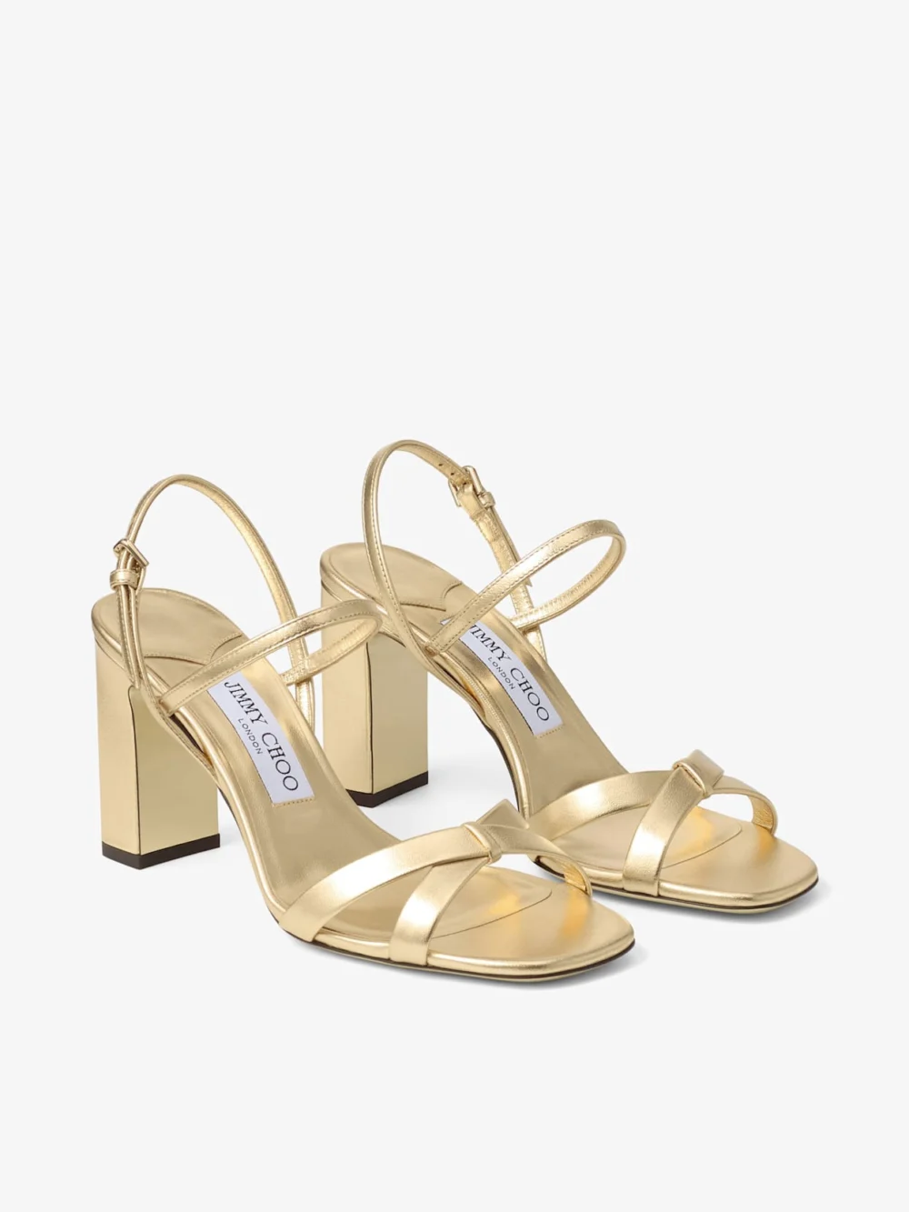 Close-up detail of the Jimmy Choo Elsy Block Heel 85 Gold Metallic Nappa Leather Sandals