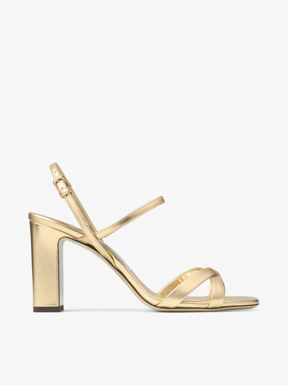 Jimmy Choo Elsy Block Heel 85 Gold Metallic Nappa Leather Sandals in silver