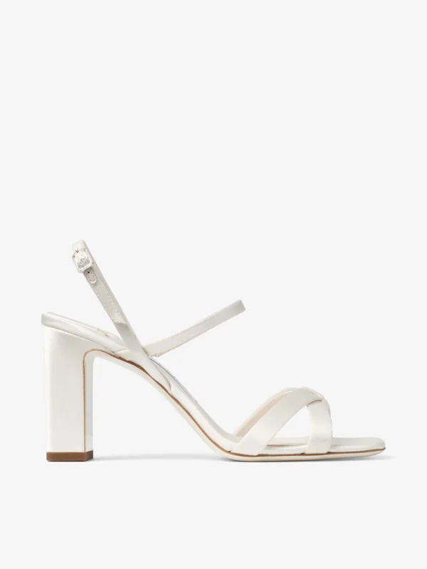 Jimmy Choo Elsy Block Heel 85 Ivory Satin Sandals with Crystal Embellished Buckle