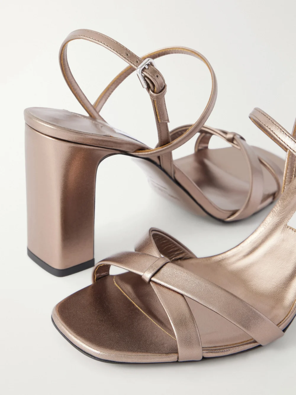 Close-up detail of the Jimmy Choo Elsy Metallic Leather Sandals