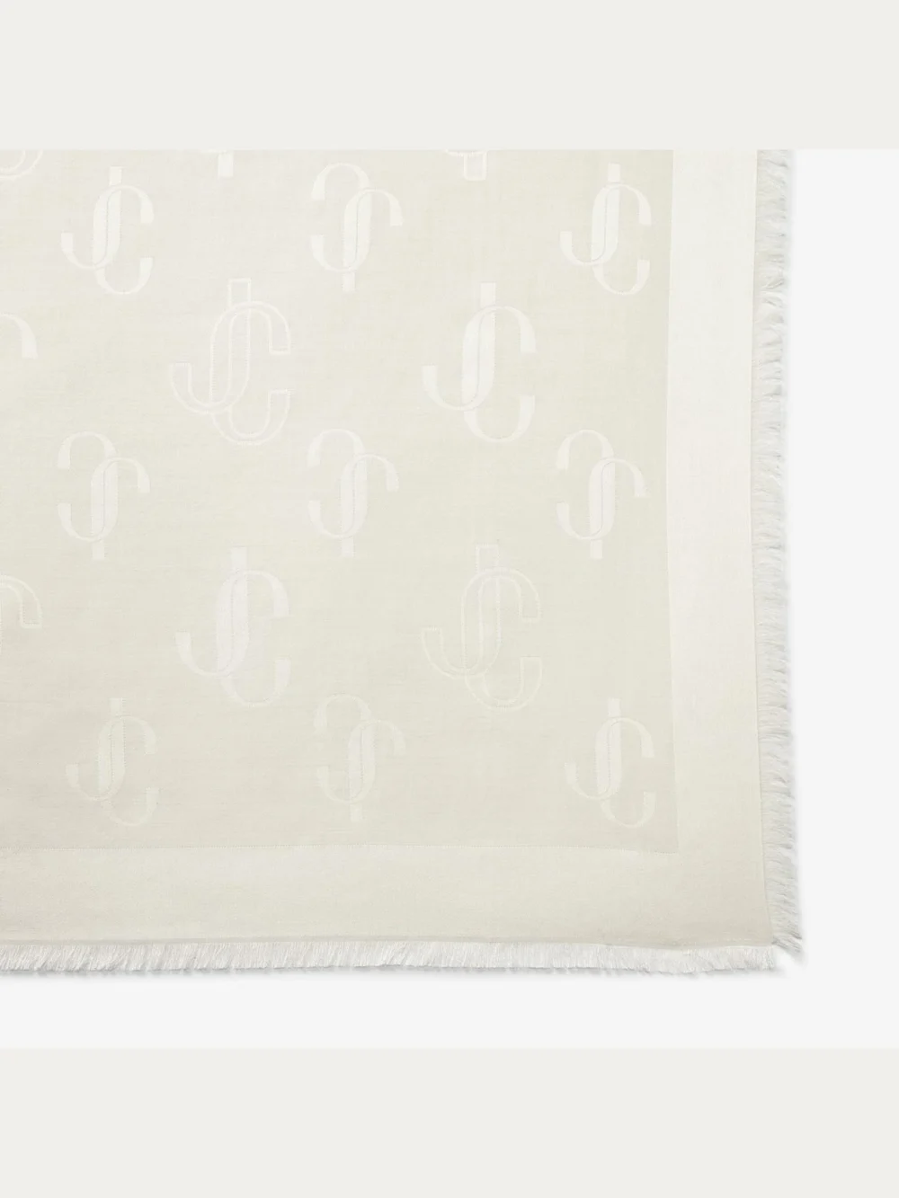 Close-up detail of the Jimmy Choo Emani Latte Silk and Wool Jacquard Shawl