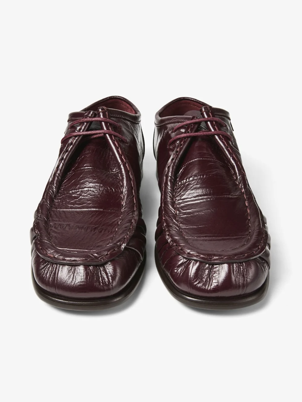 Back view of the Jimmy Choo Ember Moccasin F Deep Merlot Eel Embossed Leather Moccasins