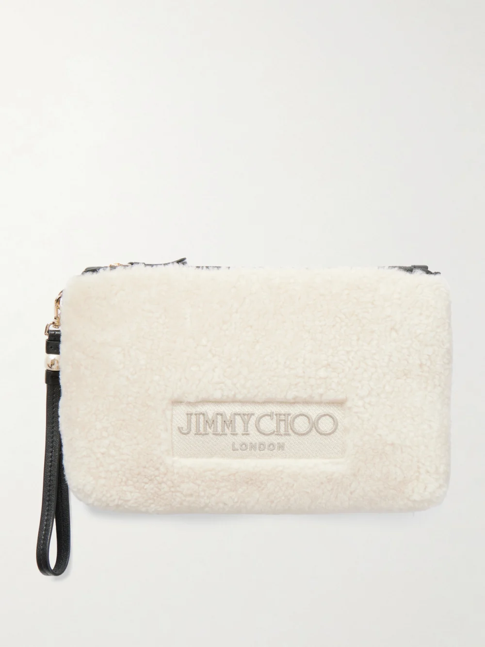 Jimmy Choo Embroidered Leather-trimmed Shearling Clutch in cream