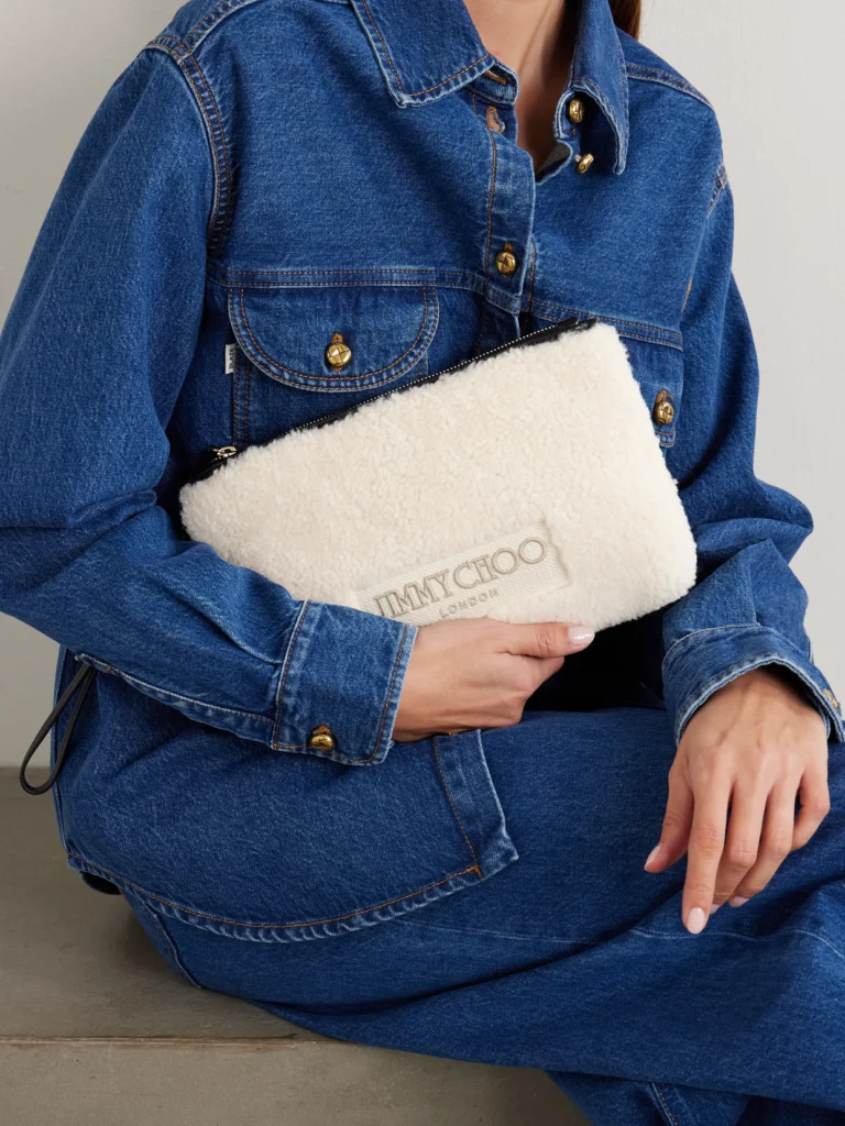 Jimmy Choo Embroidered Leather-trimmed Shearling Clutch