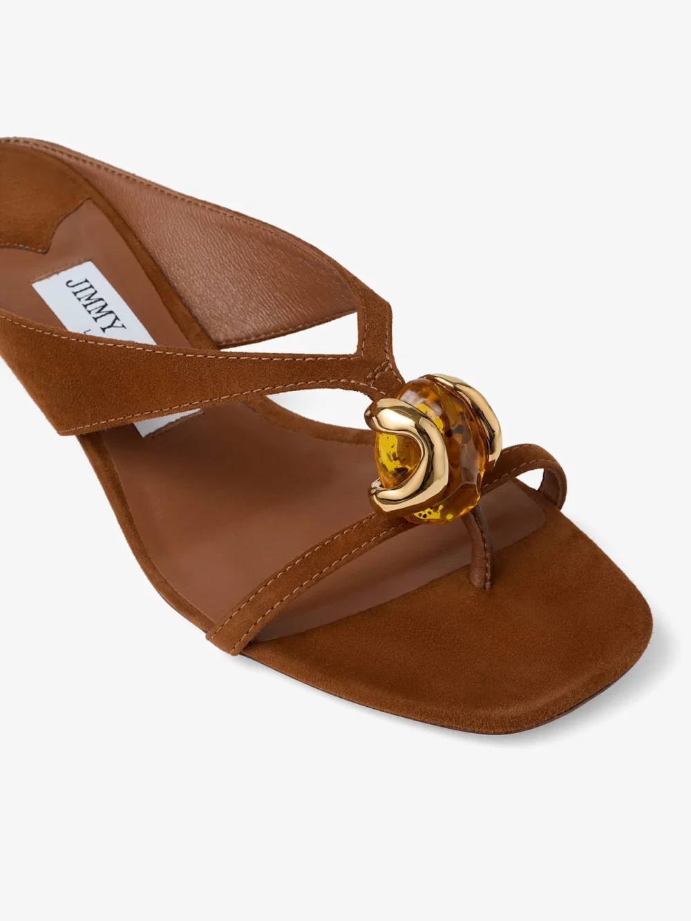 Back view of the Jimmy Choo Emeri Stone 35 Tan Suede Sandals with Stone Detail