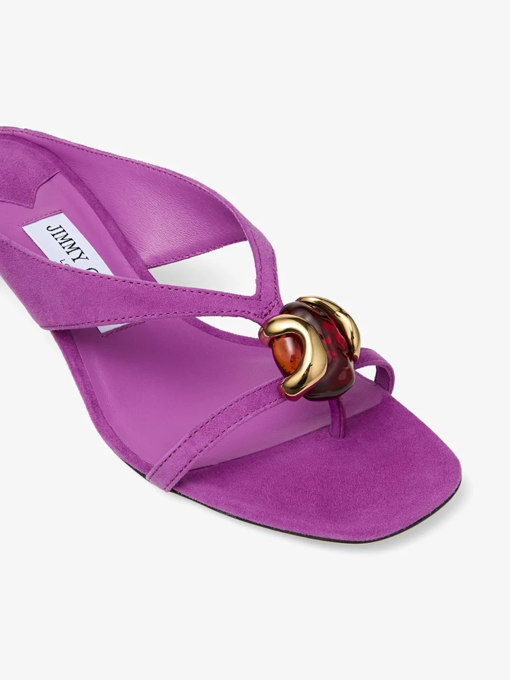 Back view of the Jimmy Choo Emeri Stone 35 Violet Orchid and Dark Amber Suede Sandals
