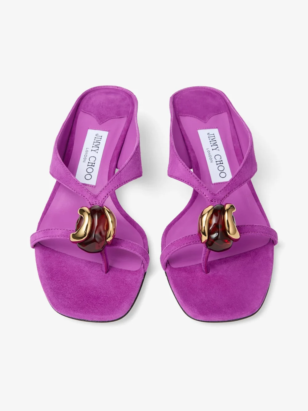 Jimmy Choo Emeri Stone 35 Violet Orchid and Dark Amber Suede Sandals, another view