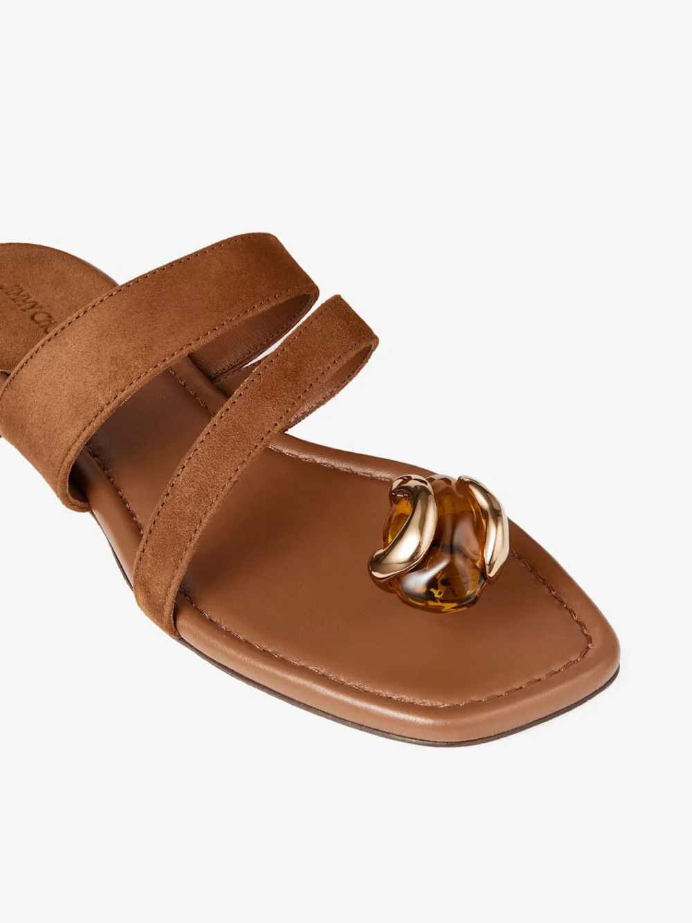 Back view of the Jimmy Choo Emeri Stone Flat Tan and Amber Suede Flat Sandals