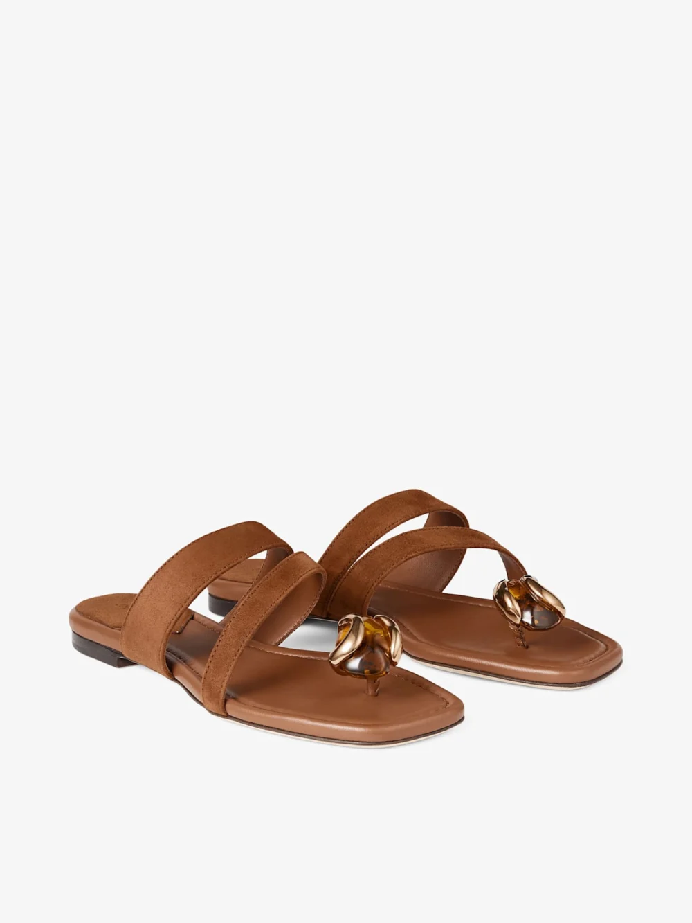 Close-up detail of the Jimmy Choo Emeri Stone Flat Tan and Amber Suede Flat Sandals