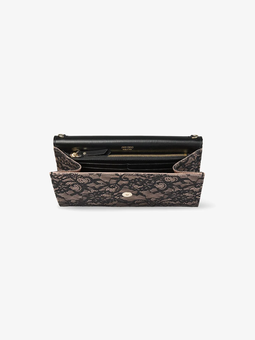 Back view of the Jimmy Choo Emmie Black and Ballet Pink Jimmy Choo Lace Clutch Bag