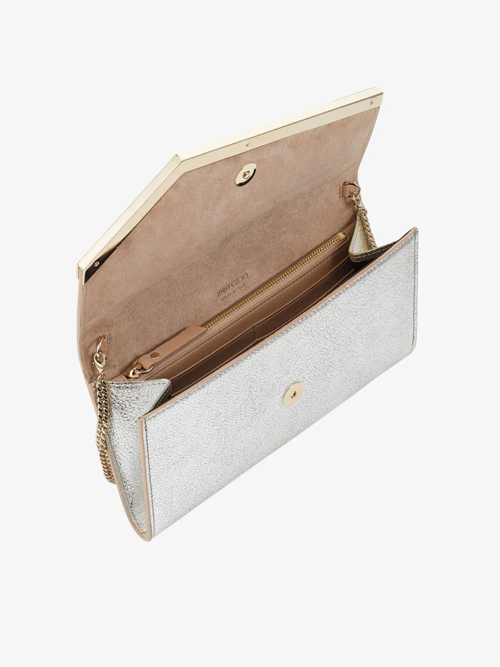 Side view of the Jimmy Choo Emmie Champagne Glitter Leather Clutch Bag