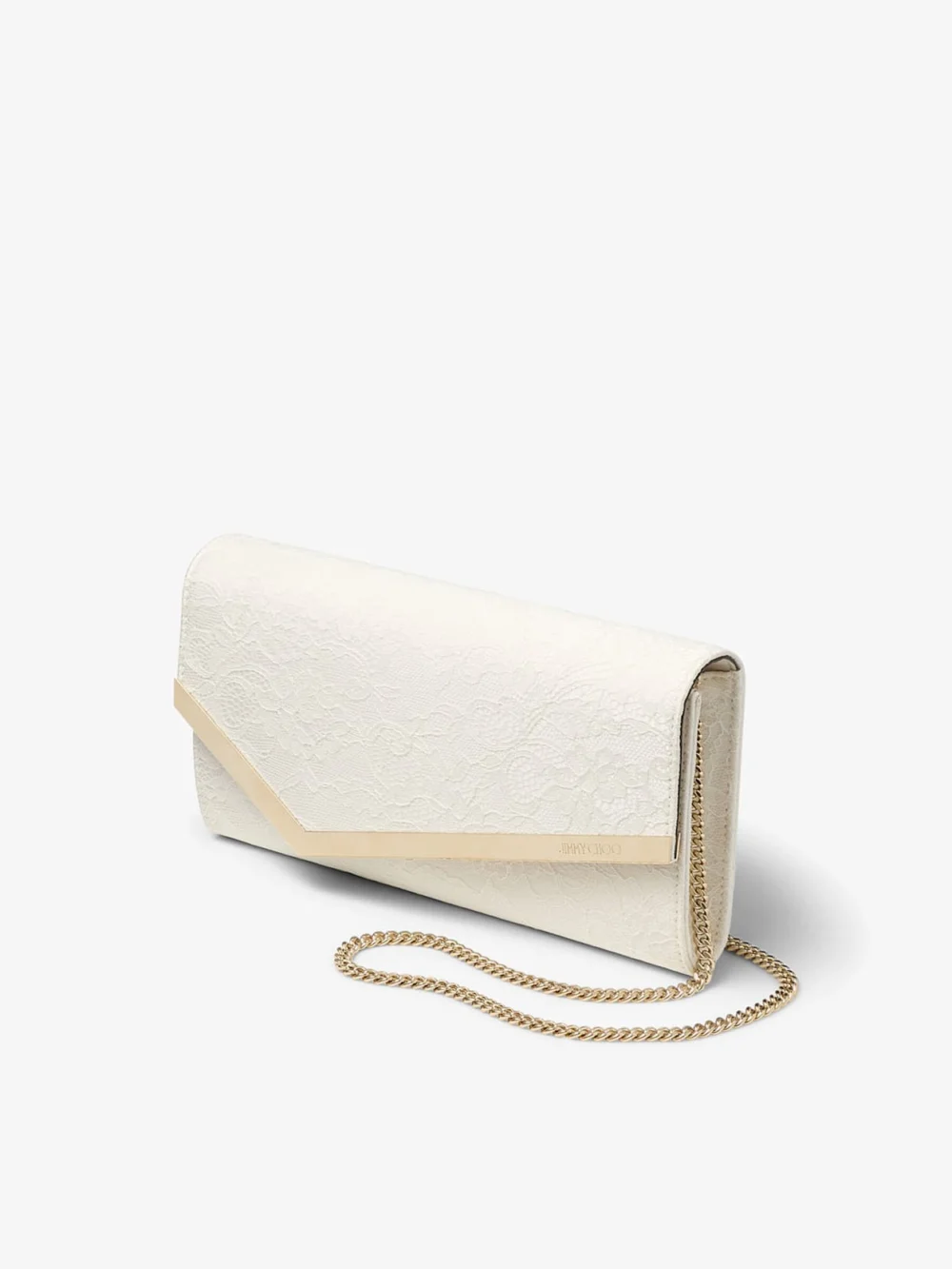 Side view of the Jimmy Choo Emmie Ivory Jimmy Choo Lace Clutch Bag