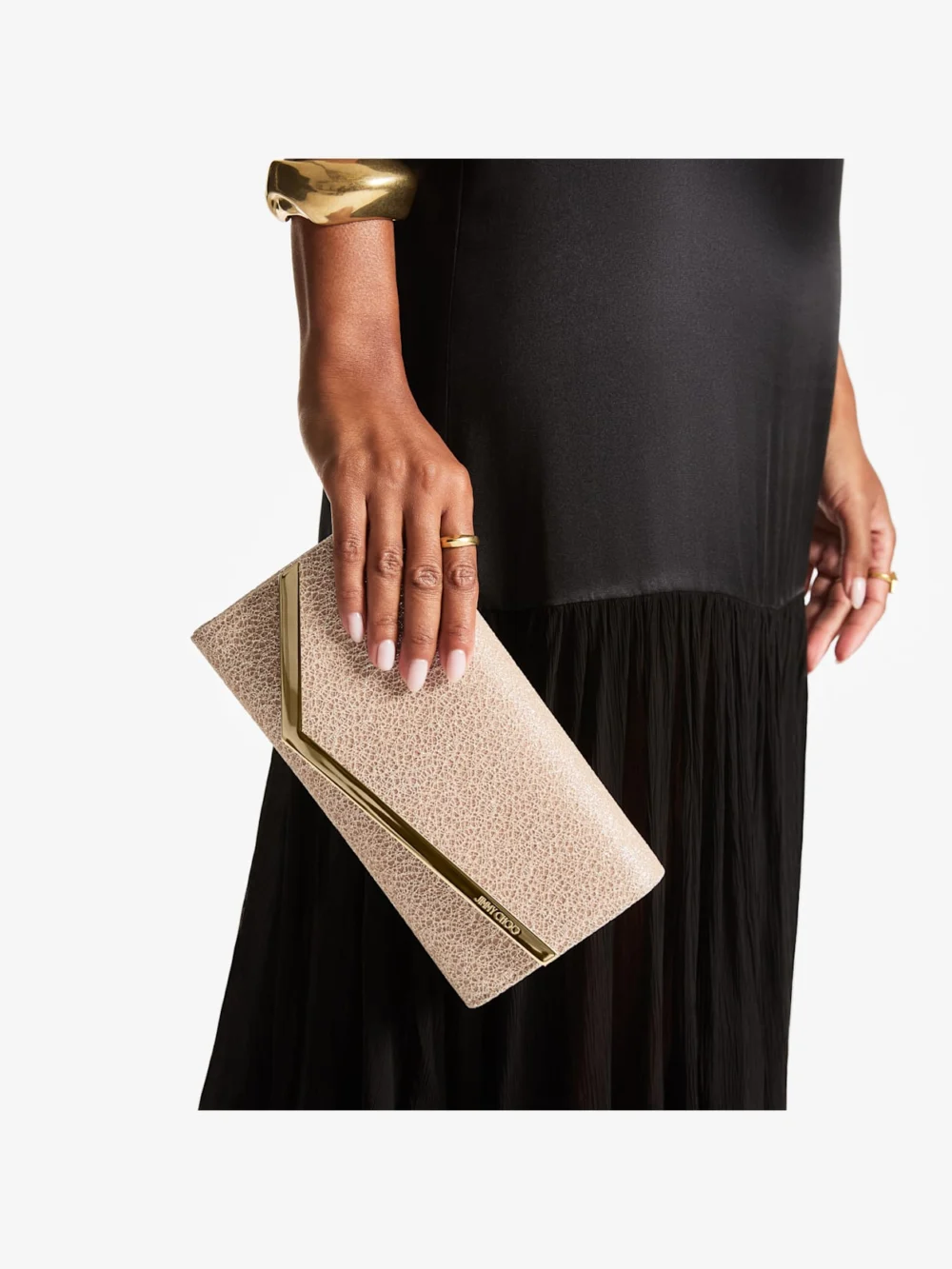 Side view of the Jimmy Choo Emmie Macaron Candyfloss Glitter Web Clutch Bag