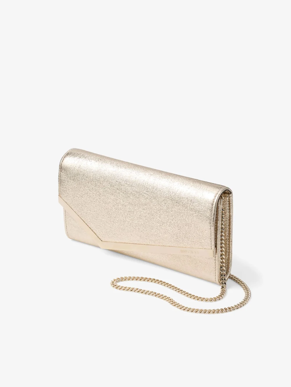 Close-up detail of the Jimmy Choo Emmie Platinum Ice Brilliance Fabric Clutch Bag