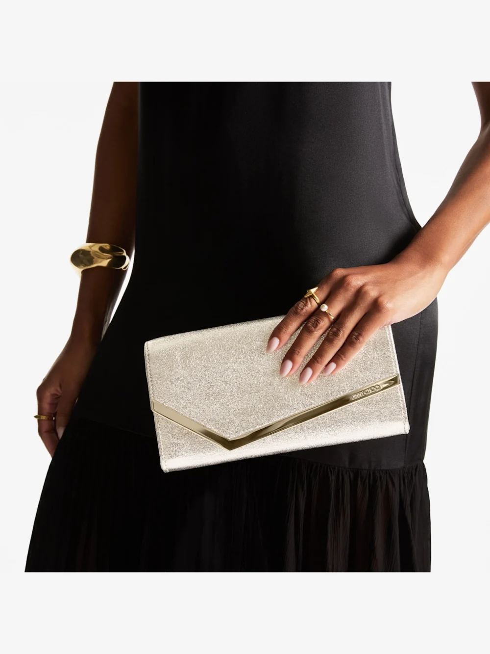 Side view of the Jimmy Choo Emmie Platinum Ice Brilliance Fabric Clutch Bag