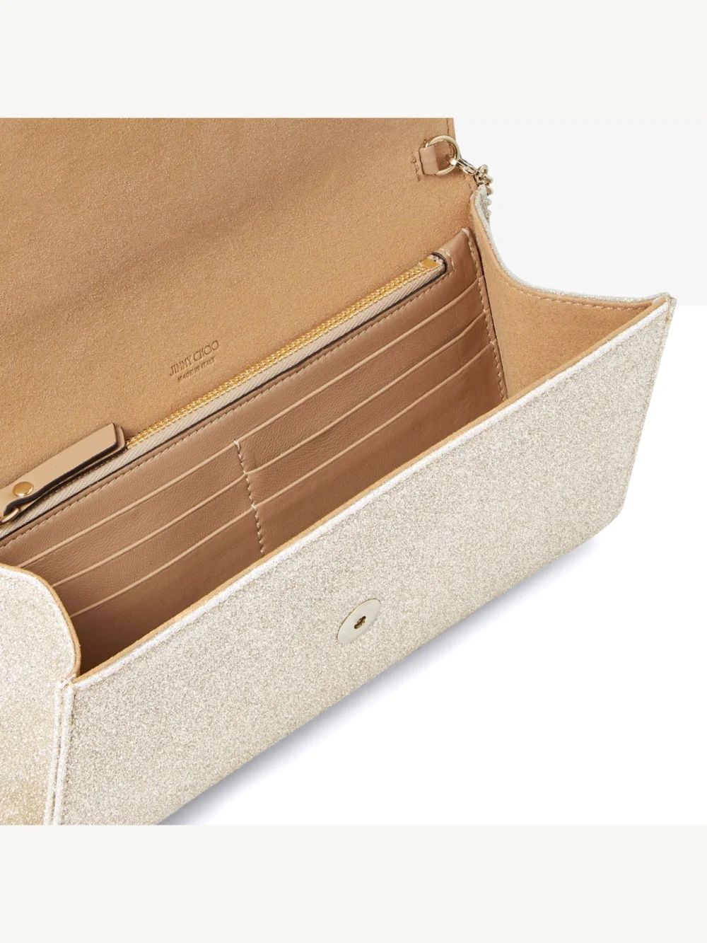 Back view of the Jimmy Choo Emmie Platinum Ice Dusty Glitter Clutch Bag