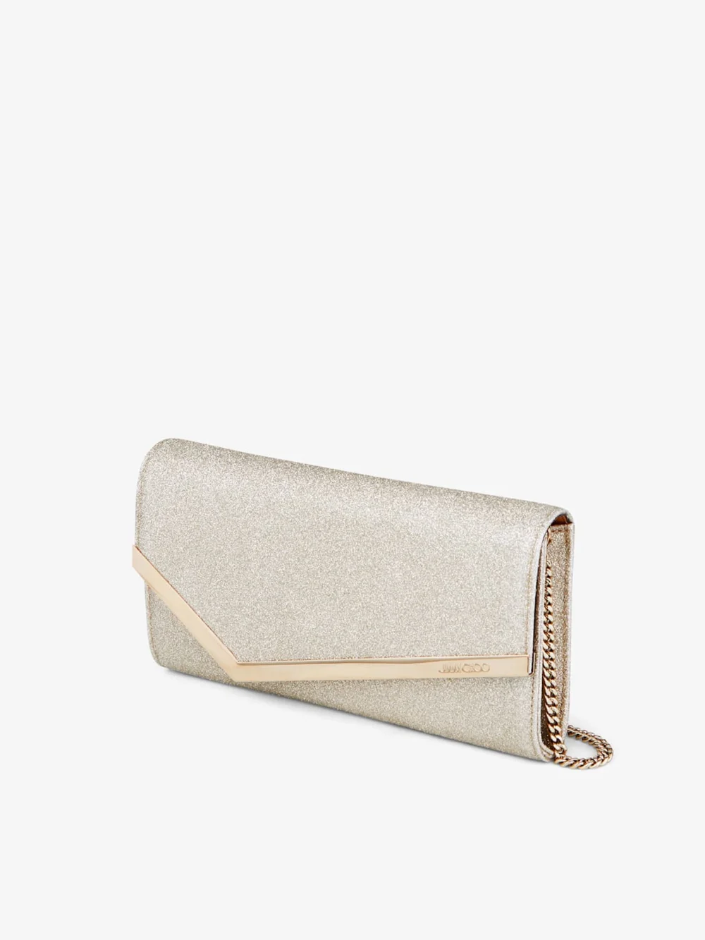 Side view of the Jimmy Choo Emmie Platinum Ice Dusty Glitter Clutch Bag