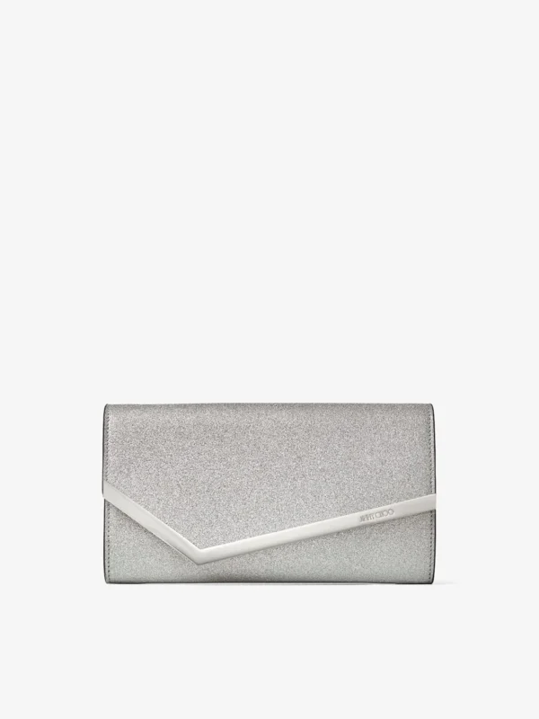 Jimmy Choo Emmie Silver Fine Glitter Leather Clutch Bag