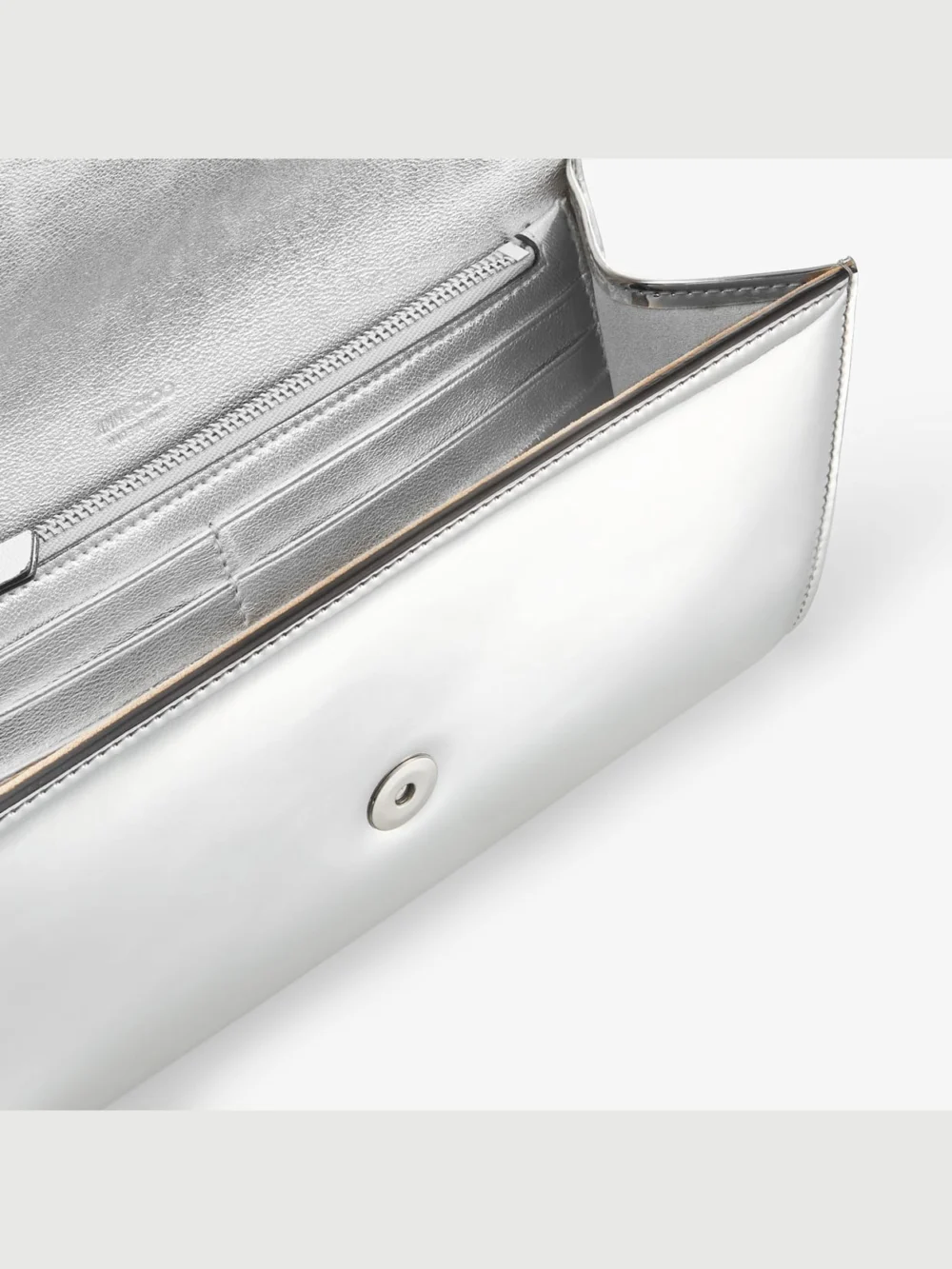 Back view of the Jimmy Choo Emmie Silver Mirror Fabric Clutch Bag