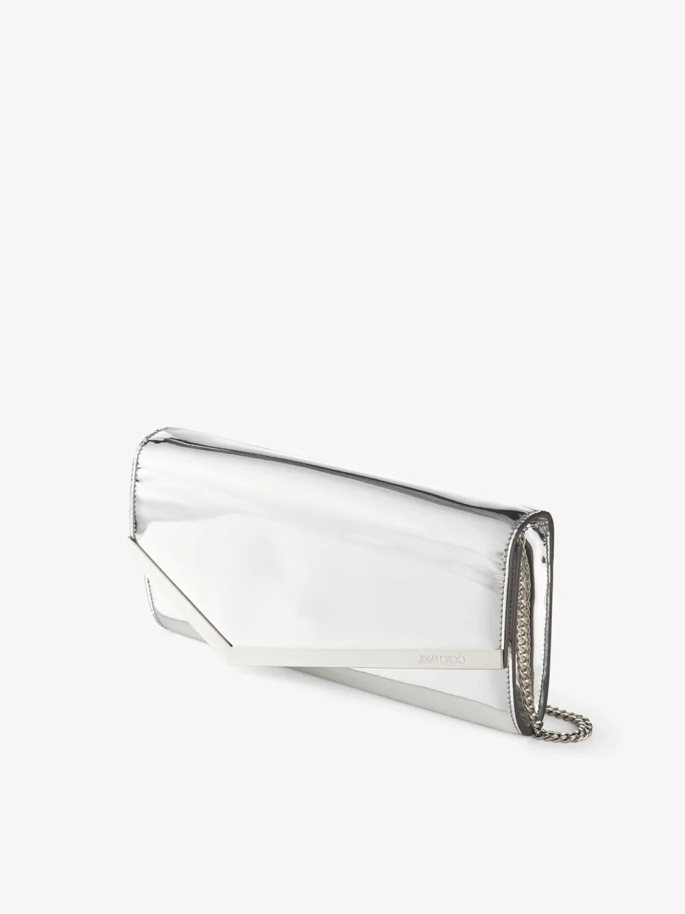 Side view of the Jimmy Choo Emmie Silver Mirror Fabric Clutch Bag