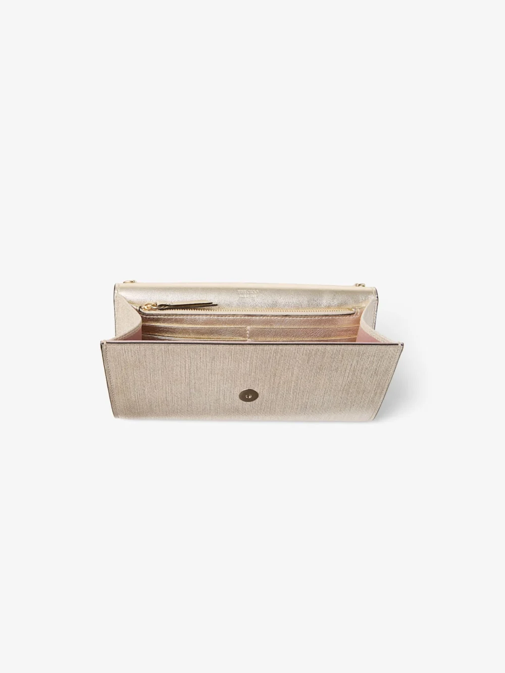 Back view of the Jimmy Choo Emmie Soft Gold Metallic Linear Leather Clutch