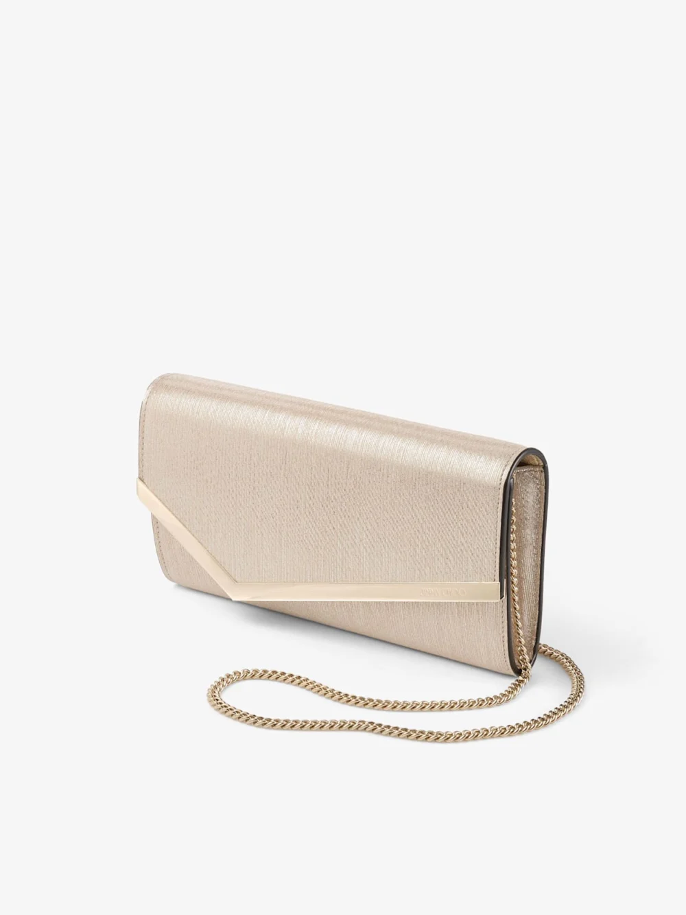 Side view of the Jimmy Choo Emmie Soft Gold Metallic Linear Leather Clutch