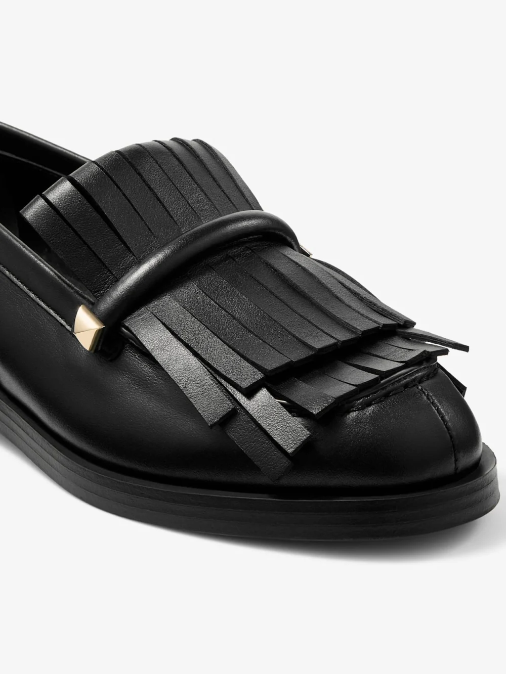 Back view of the Jimmy Choo Eska Loafer Black Leather Loafers with Fringed Detail