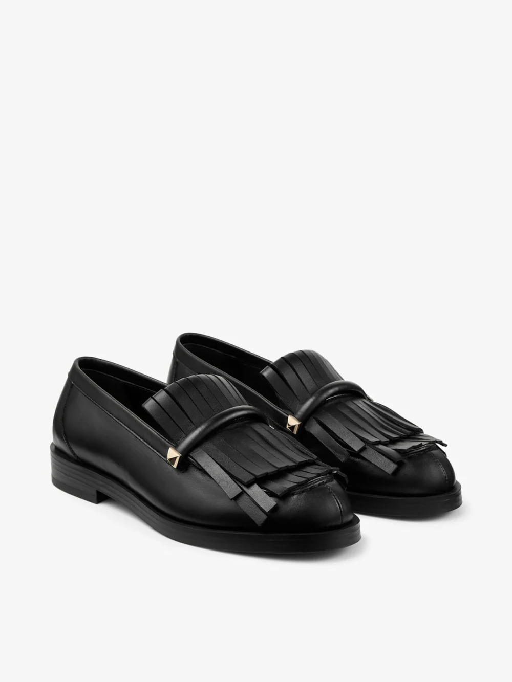 Close-up detail of the Jimmy Choo Eska Loafer Black Leather Loafers with Fringed Detail