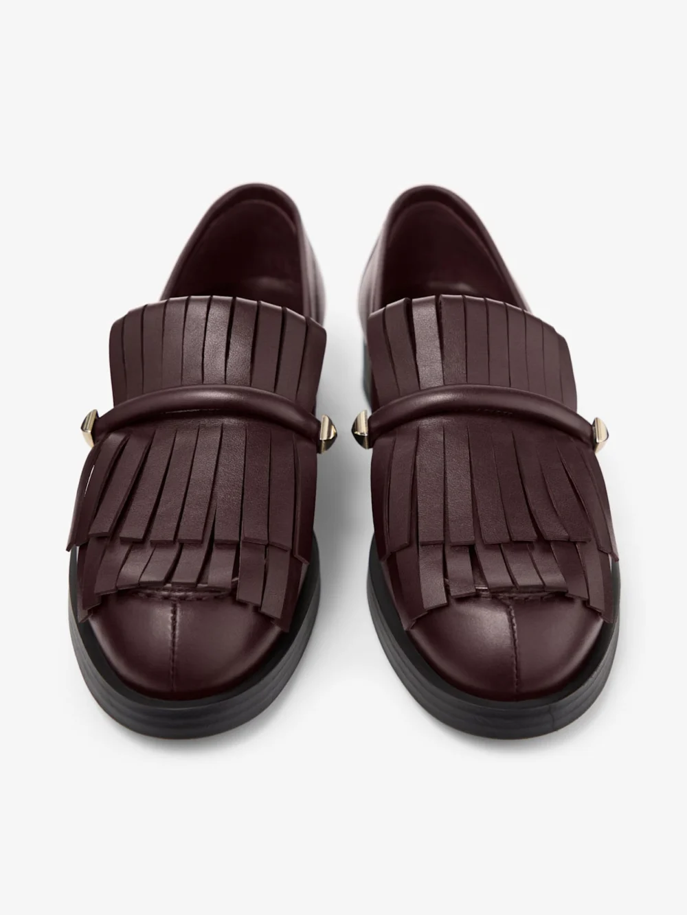Back view of the Jimmy Choo Eska Loafer Deep Merlot Leather Loafers with Fringed Detail
